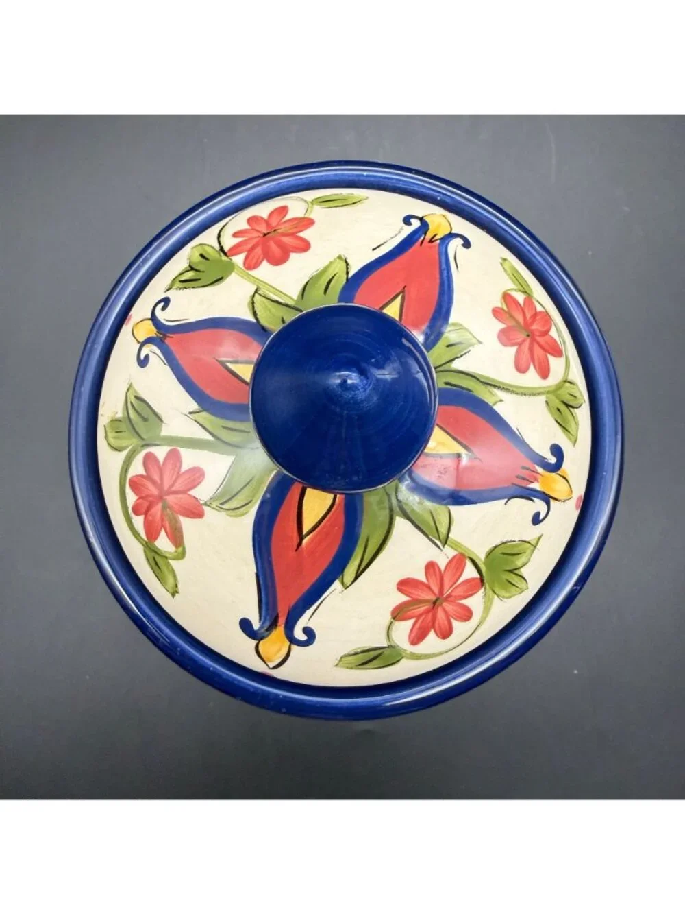 Pier 1 Imports Vallarta Hand-Painted Ceramic Canister 8-In Small Blue Finial Lid